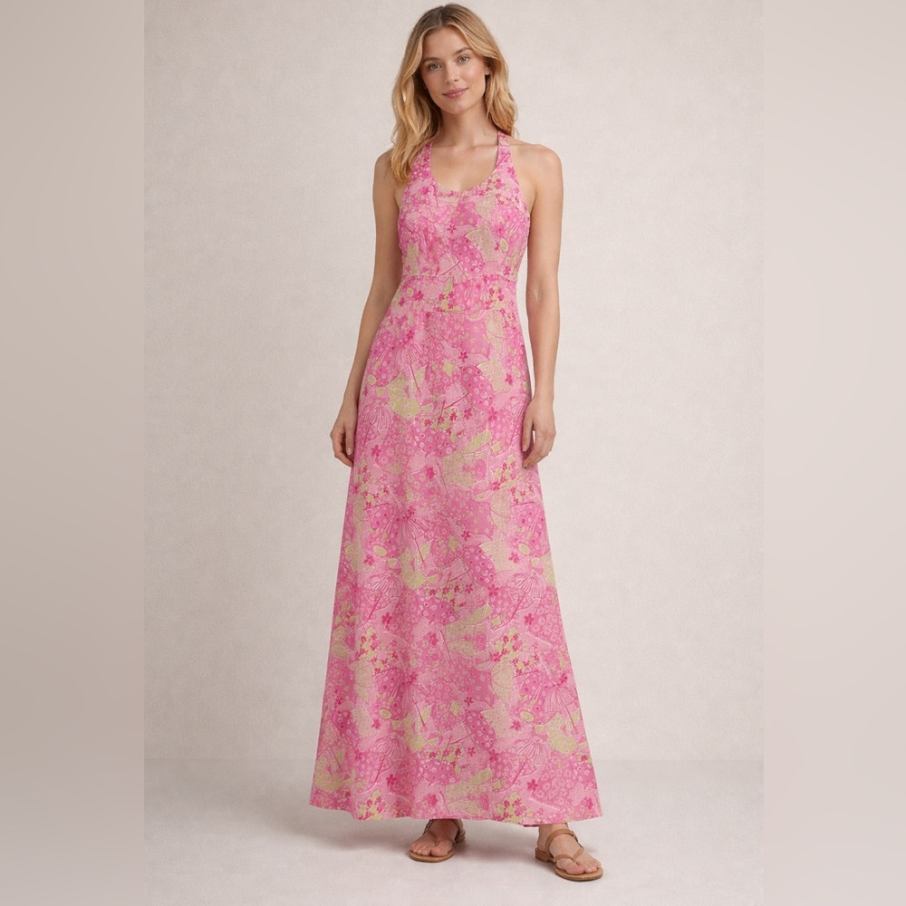 White Label vintage halter maxi dress Beach Blanket Bingo pink yellow print